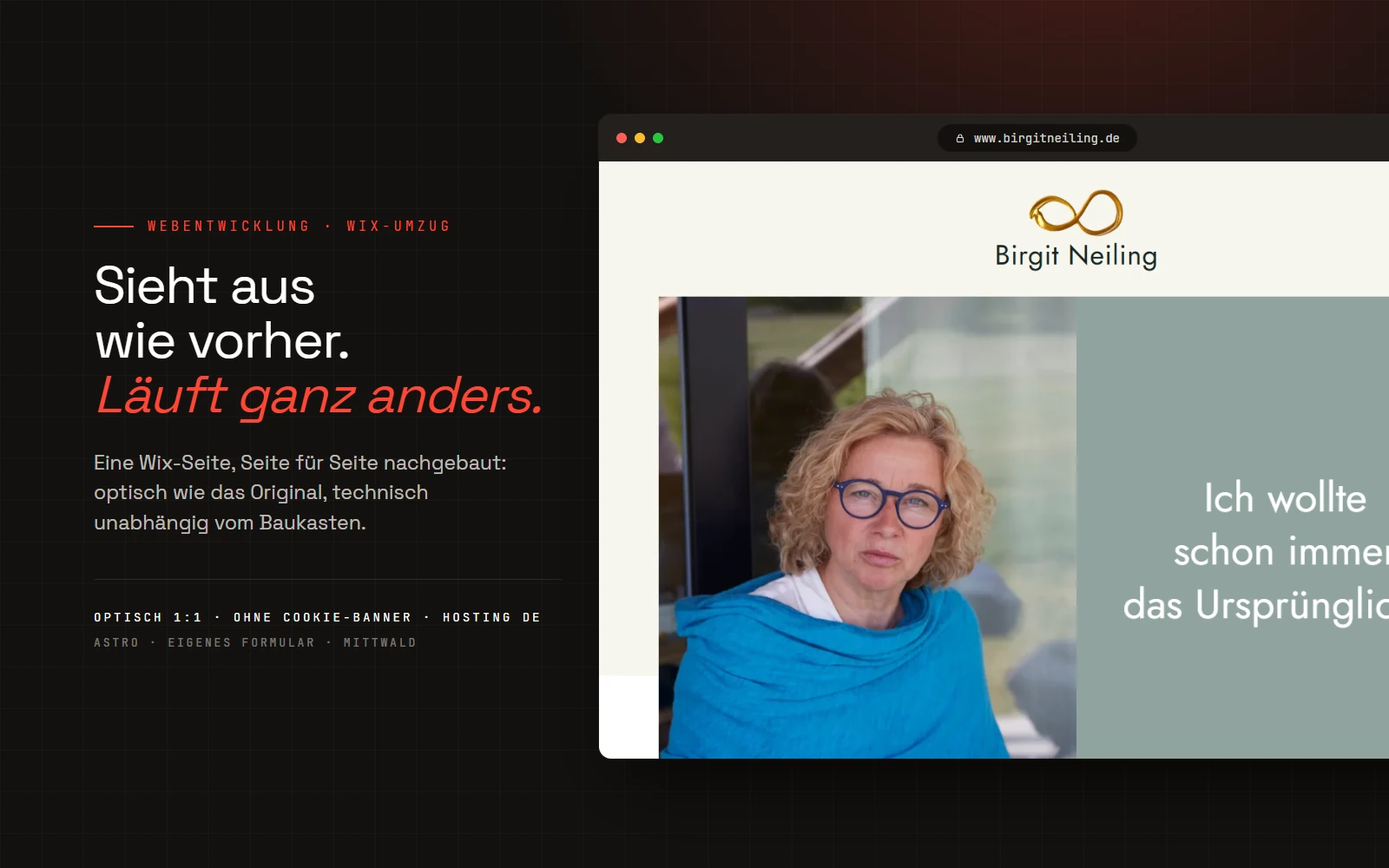 Die Startseite von birgitneiling.de nach dem Umzug, als Screenshot in einem Browserfenster auf dunkler Fläche: oben das goldene Unendlich-Logo mit dem Namen Birgit Neiling, darunter ihr Porträt im blauen Tuch neben dem Satz „Ich wollte schon immer das Ursprüngliche.“
