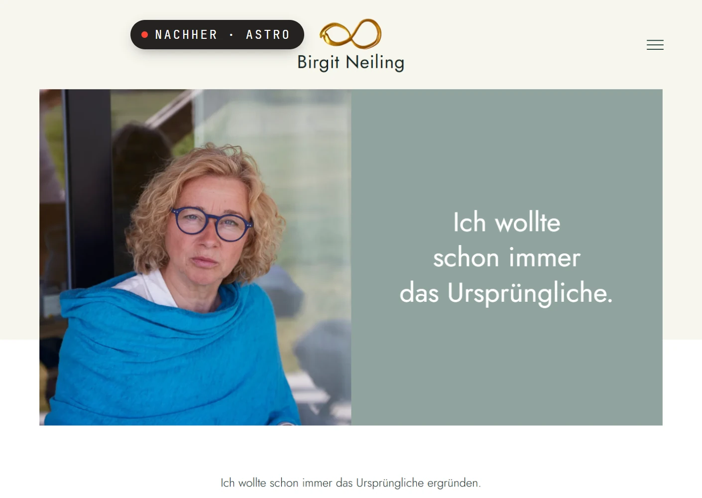 Nachher: dieselbe Startseite als Astro-Nachbau. Logo, Porträt und Satz stehen an derselben Stelle, ein Cookie-Banner fehlt.