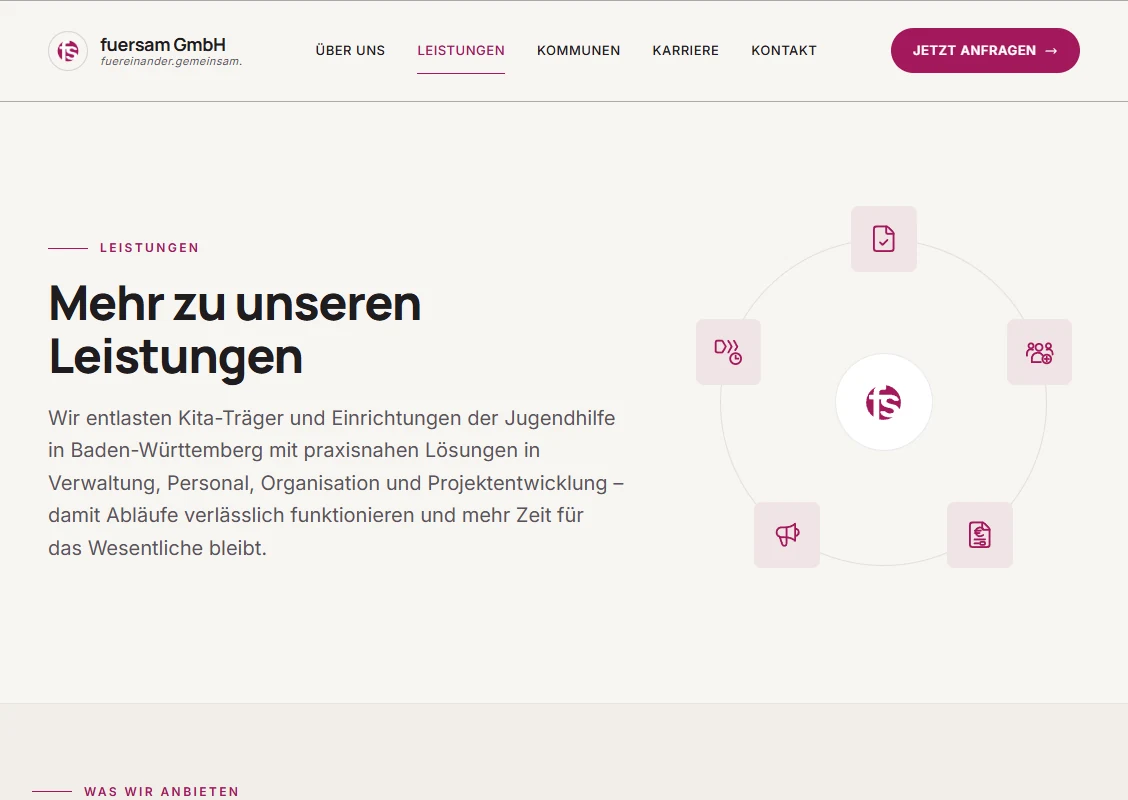 Die Leistungsübersicht von fuersam.de: links die Einleitung „Mehr zu unseren Leistungen“, rechts fünf Icon-Kacheln, die kreisförmig um das fuersam-Logo angeordnet sind.