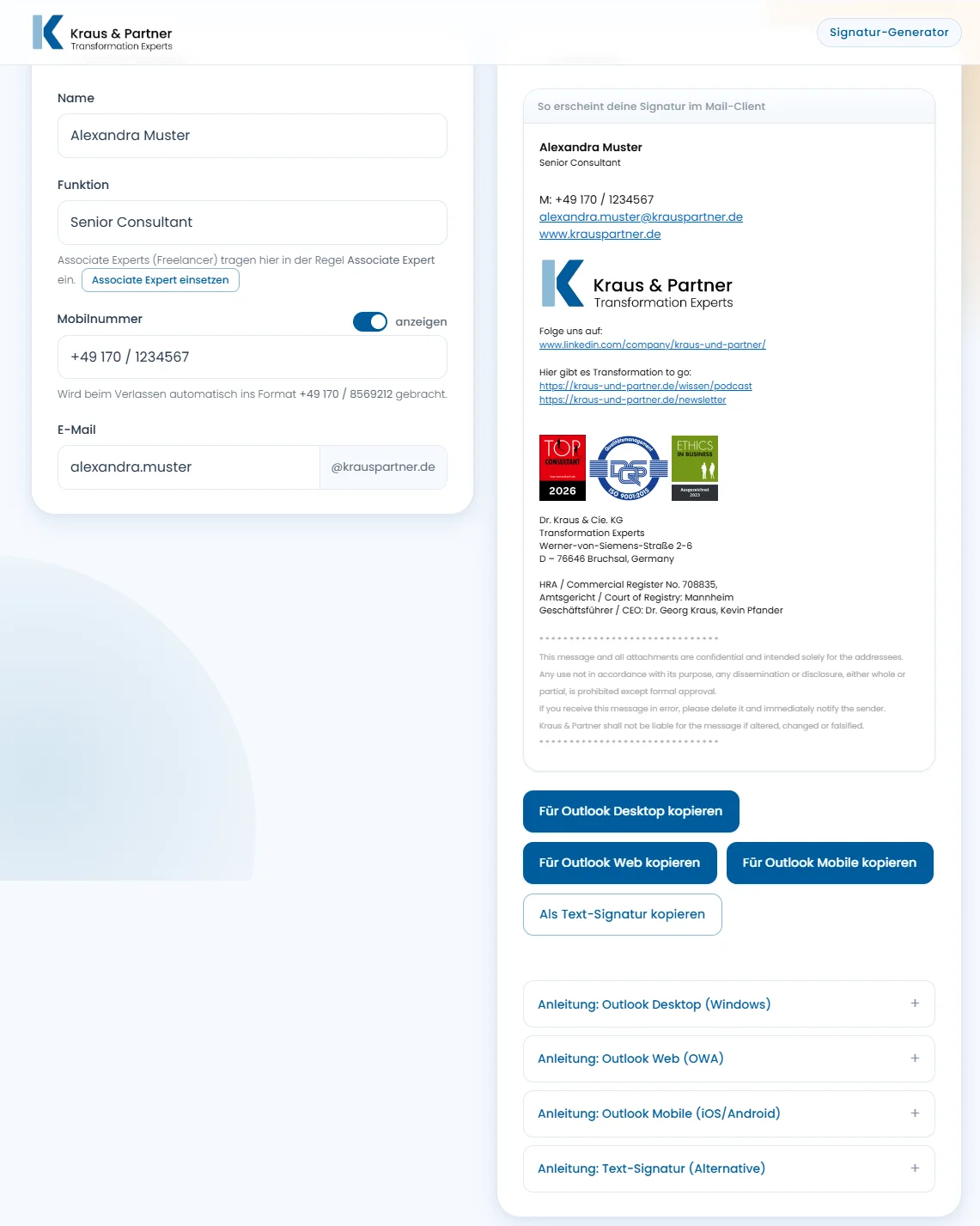 Screenshot der Signatur-Web-App: Eingabeformular für Name, Funktion, Mobil und E-Mail mit Live-Vorschau der markenkonformen Outlook-Signatur