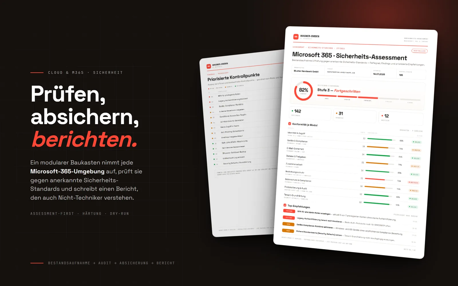 Fiktiver Microsoft-365-Sicherheitsbericht als gekippter Dokument-Spread auf dunklem Grund: Deckblatt mit Gesamt-Score „82 % konform“, Findings-Zählern und einer Tabelle der neun geprüften Module (Entra ID, Intune, Exchange, SharePoint, Teams, Defender, Purview); dahinter die Findings-Detailseite