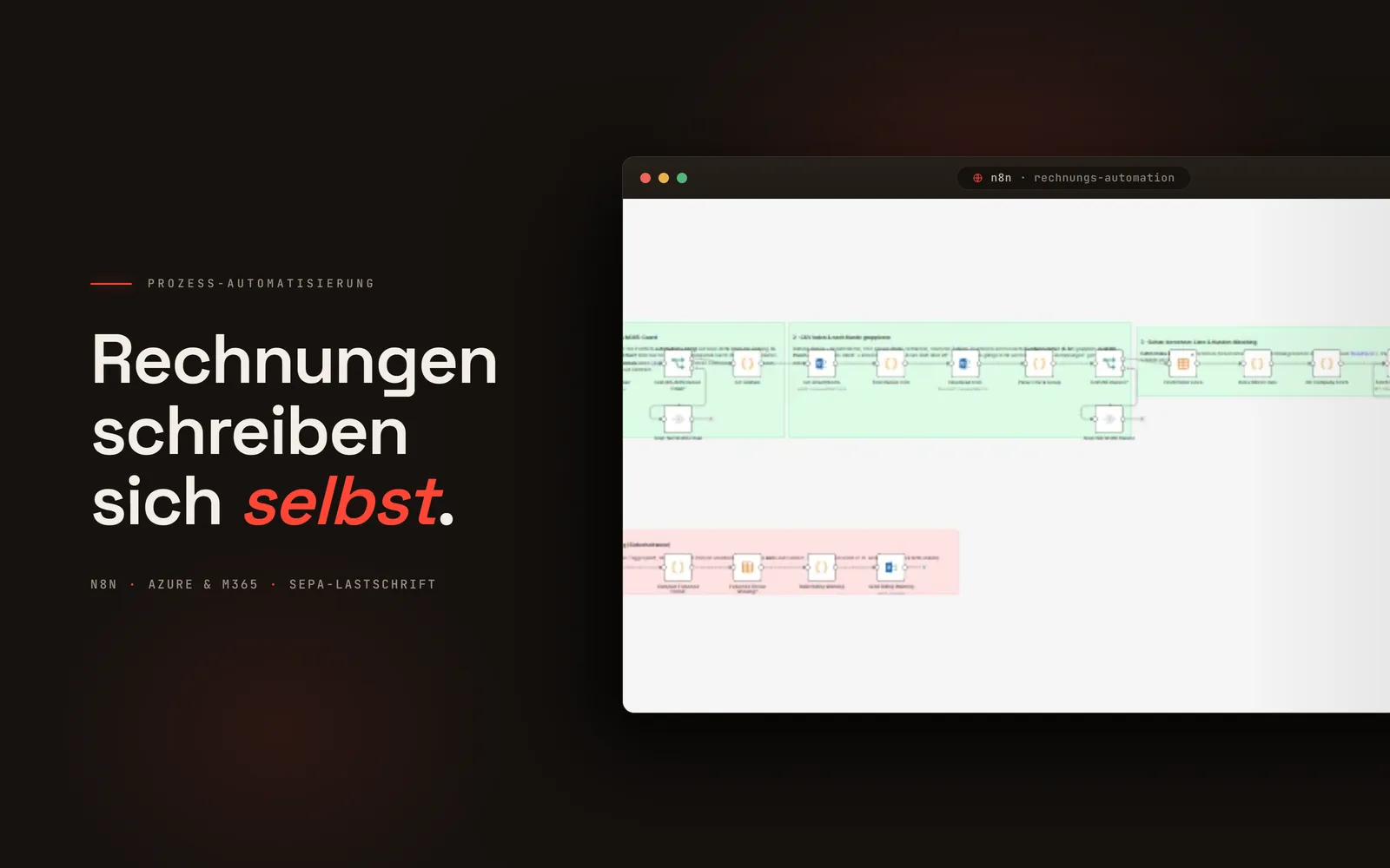 Browser-Fenster mit einem n8n-Workflow für die Rechnungsautomatisierung — farbige Node-Gruppen ziehen die Zahlen aus Microsoft 365, erzeugen Rechnung und SEPA-Datei und stoßen den Versand automatisch an.