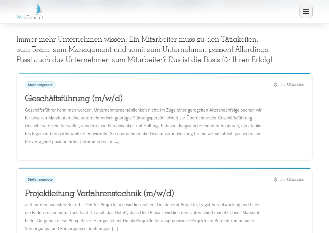 Der Stellenmarkt von win-consult.de: untereinander liegende Karten mit Kategorie-Chip, Ortsangabe, Stellentitel und Anrisstext, hier „Geschäftsführung (m/w/d)“ und „Projektleitung Verfahrenstechnik (m/w/d)“.